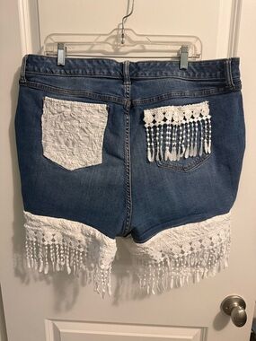 torrid Blue Denim Shorts with White Lace & Fringe Trim